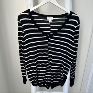 Caslon Black & White Striped Lightweight Knit V Neck Sweater Size XS